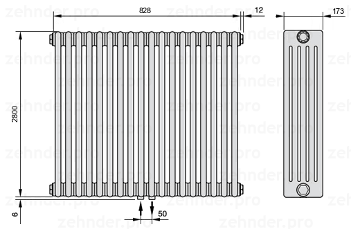 Схема (чертеж) Радиатор Zehnder Charleston 5280/18 №3470 Белый глянцевый RAL 9016